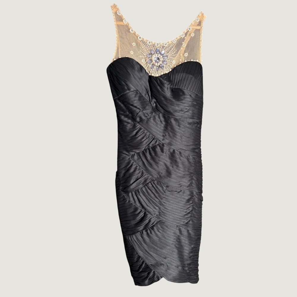 Old Hollywood Black Pleated Cocktail Dress 1920s Inspired Beaded Gatsby Size 8